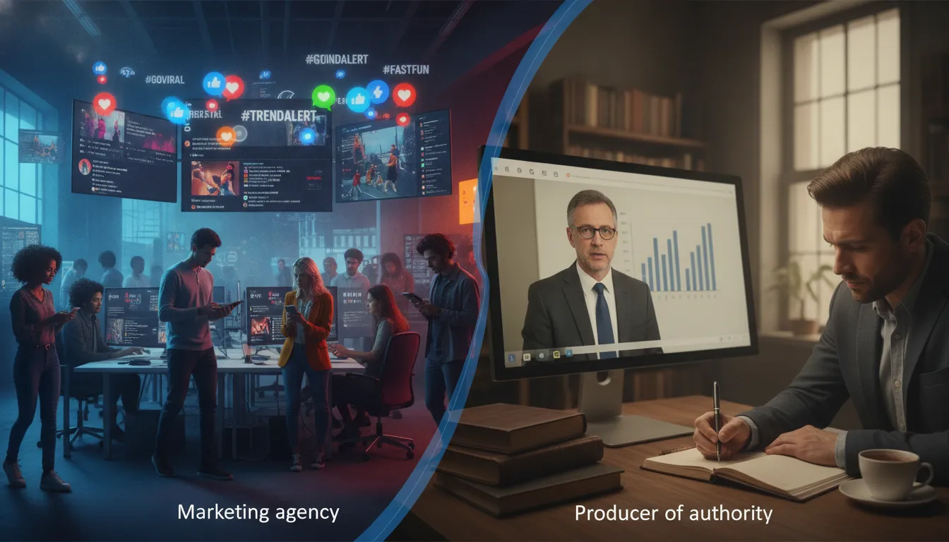 Comparativo visual: agência de marketing digital focada em viralização vs. produtora de autoridade em conteúdo.