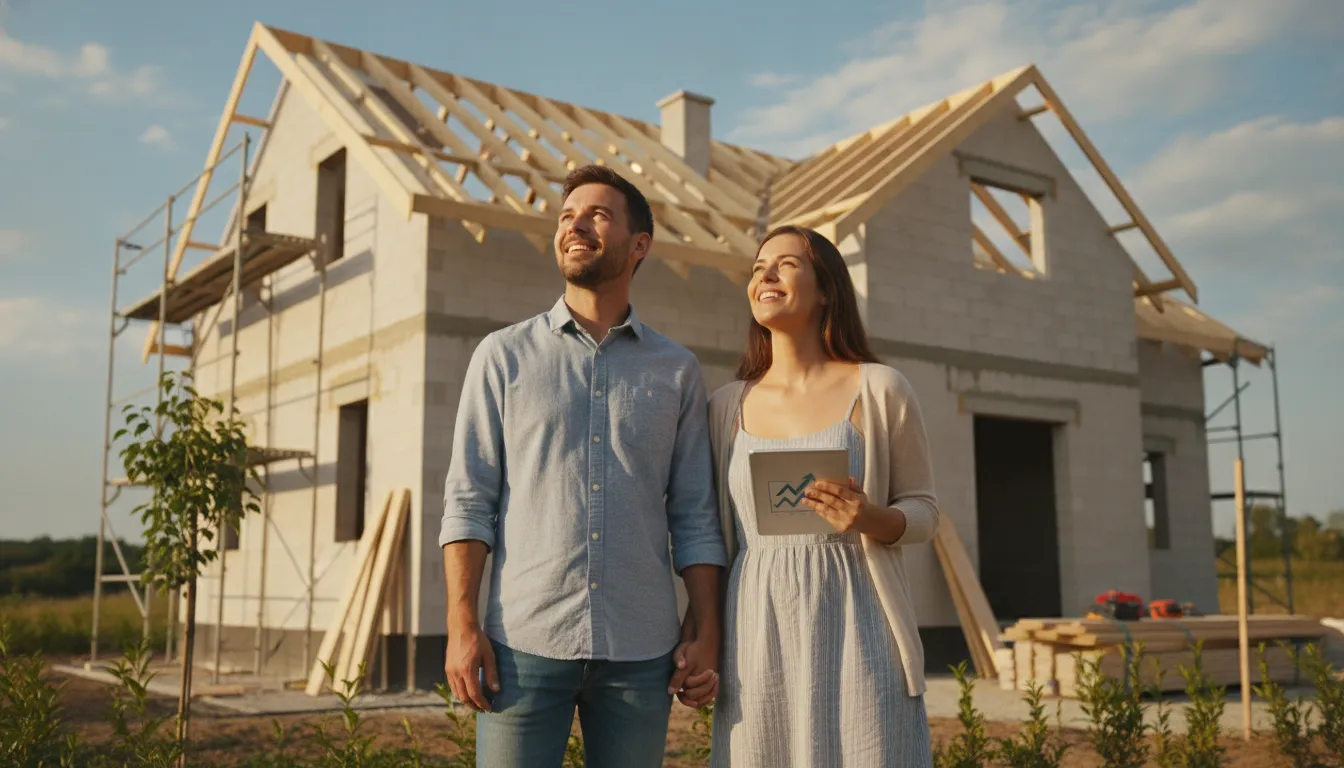 Casal feliz em frente a obra em andamento, com aprovação de financiamento para término de obra.