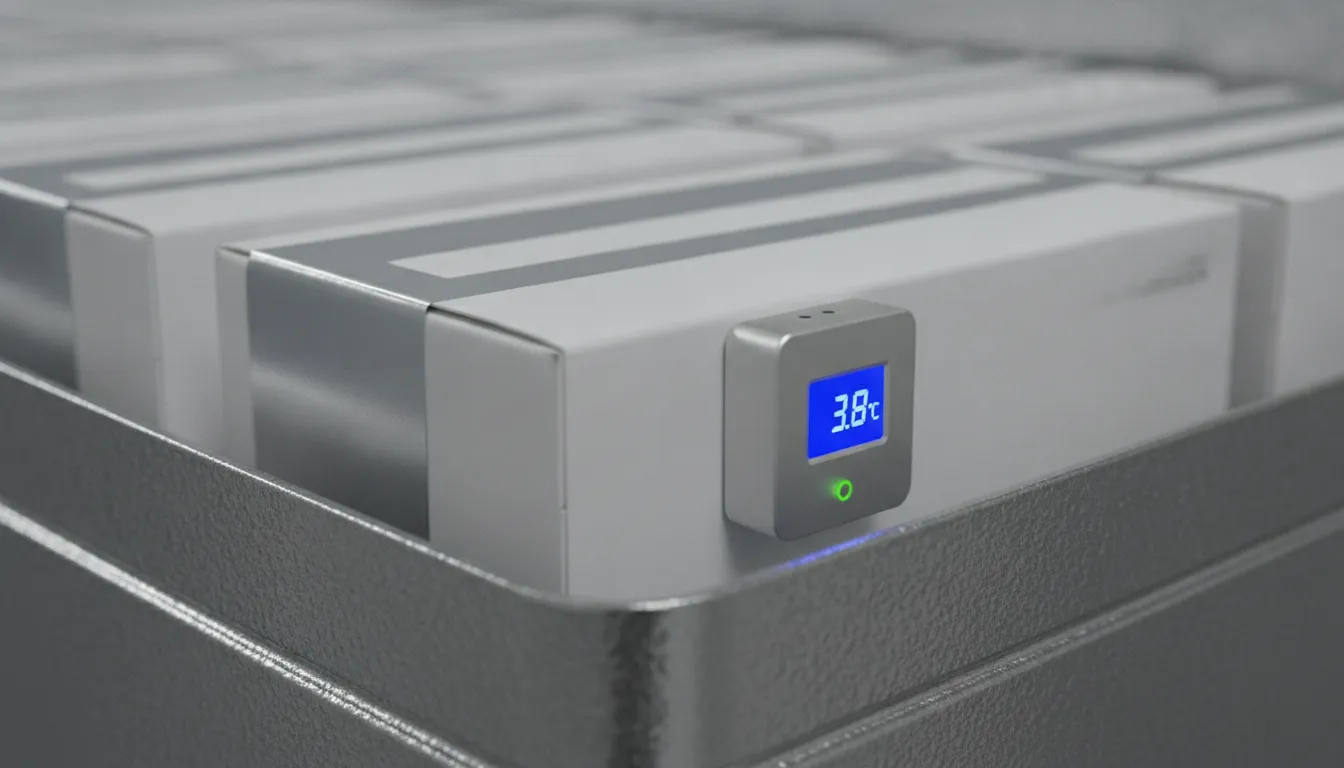 Sensor IoT discreto monitora temperatura de embalagem farmacêutica em contêiner refrigerado, garantindo qualidade.