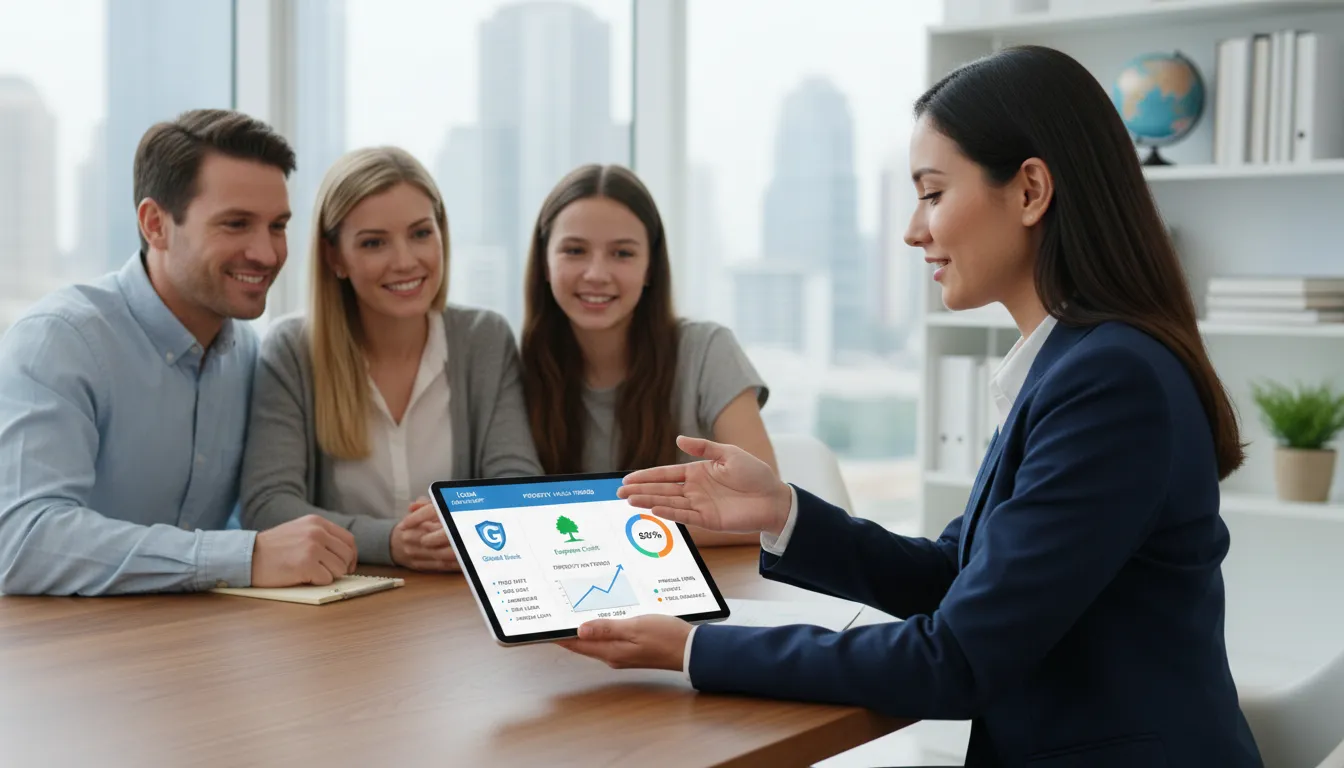 Consultor financeiro apresenta simulações de empréstimo a família, indicando planejamento e diversidade de opções.