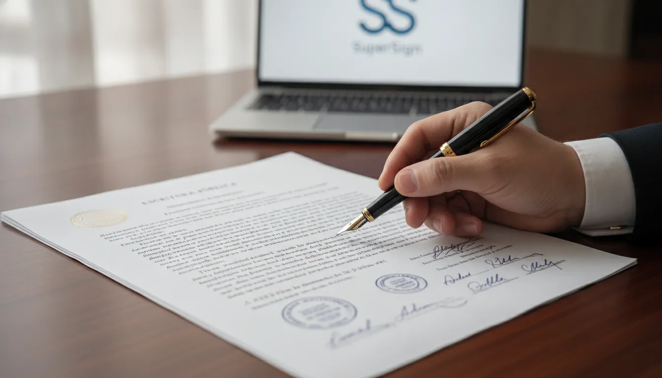 Detalhe de uma escritura pública formal com selos e assinaturas, destacando a validade jurídica do documento.