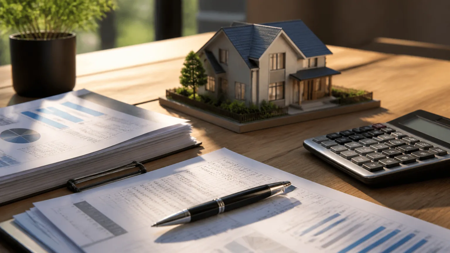 Documentos e maquete simulando casa quitada como garantia financeira segura.