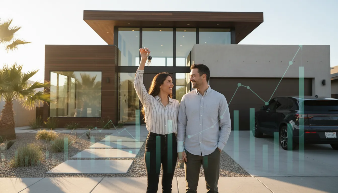 Casal em frente à casa nova, simbolizando o planejamento financeiro antes de financiamento para a compra do imóvel.