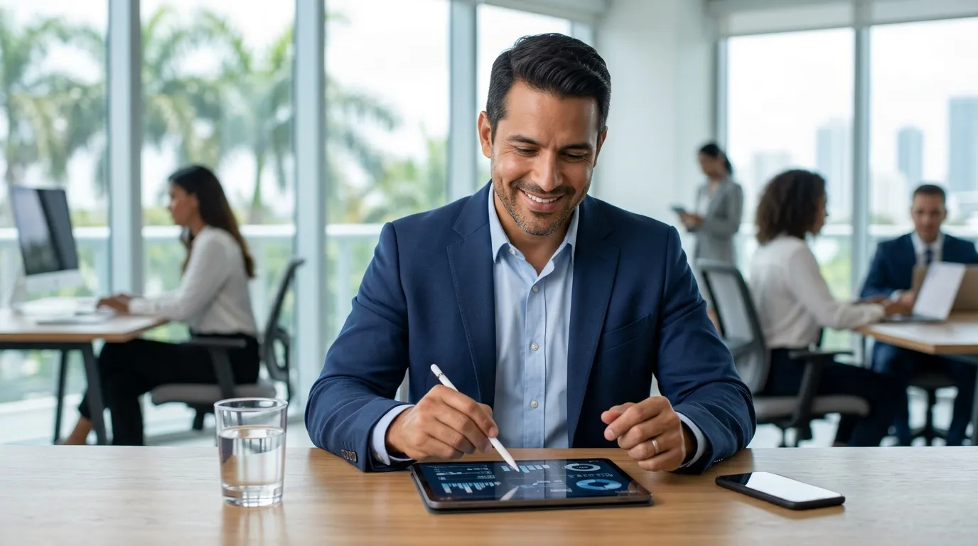 Empreendedor monitorando transacoes de sua conta juridica no tablet.