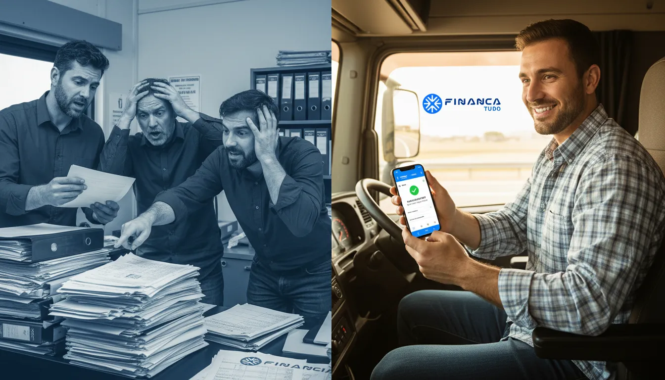 Comparativo: burocracia vs. facilidade digital no registro RNTRC ANTT para caminhoneiros, mostrando a vantagem da tecnologia.