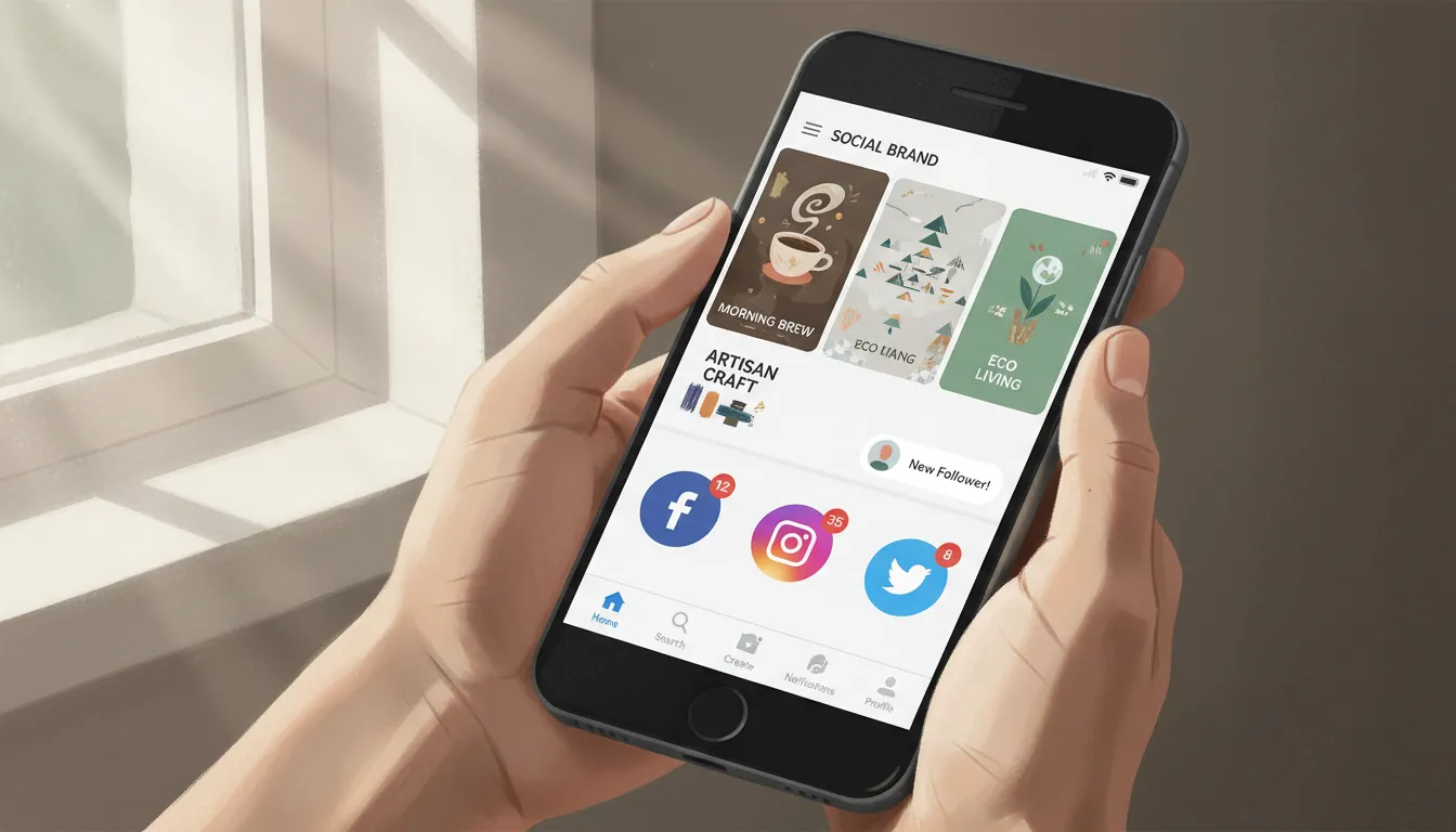 Pessoa visualizando postagens de marca e engajamento em smartphone, com ícones de várias redes sociais