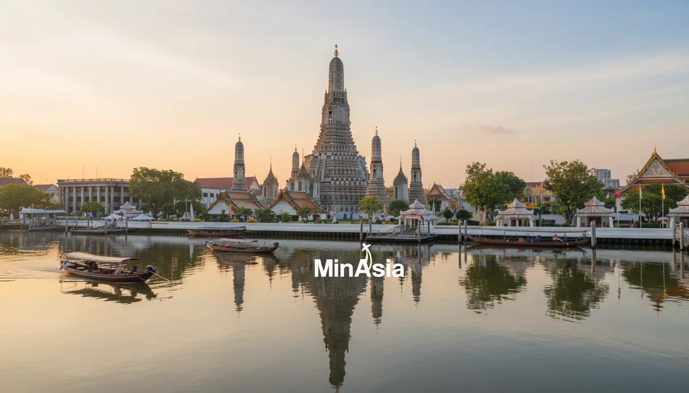 Vista serena do Wat Arun (Templo do Amanhecer) refletido no rio Chao Phraya, um dos templos mais icônicos de Bangkok, Tailândia.