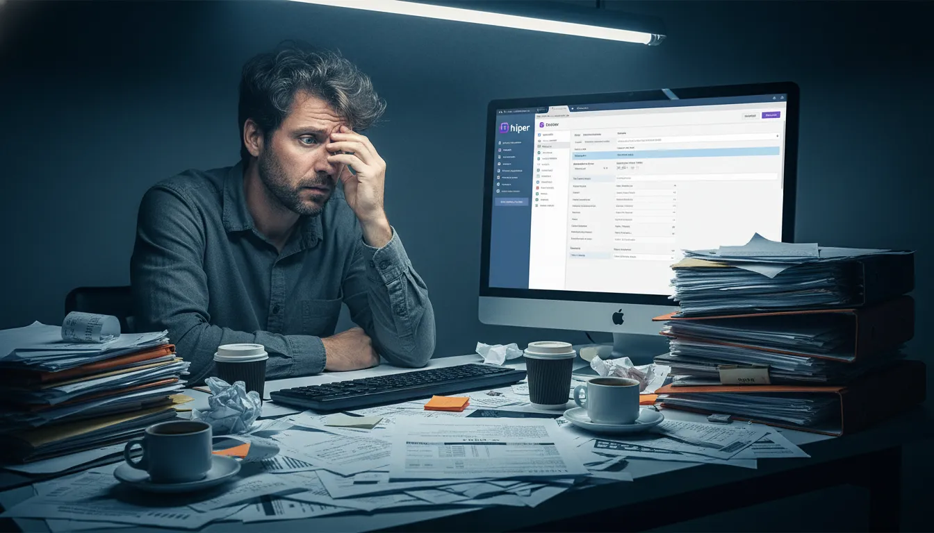 Empreendedor sobrecarregado aprendendo como criar loja virtual e simplificar a gestão com as soluções Hiper.