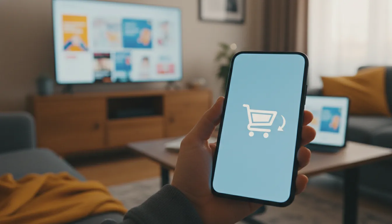 Mão segura smartphone exibindo carrinho compras, simbolizando recuperação de vendas via remarketing.