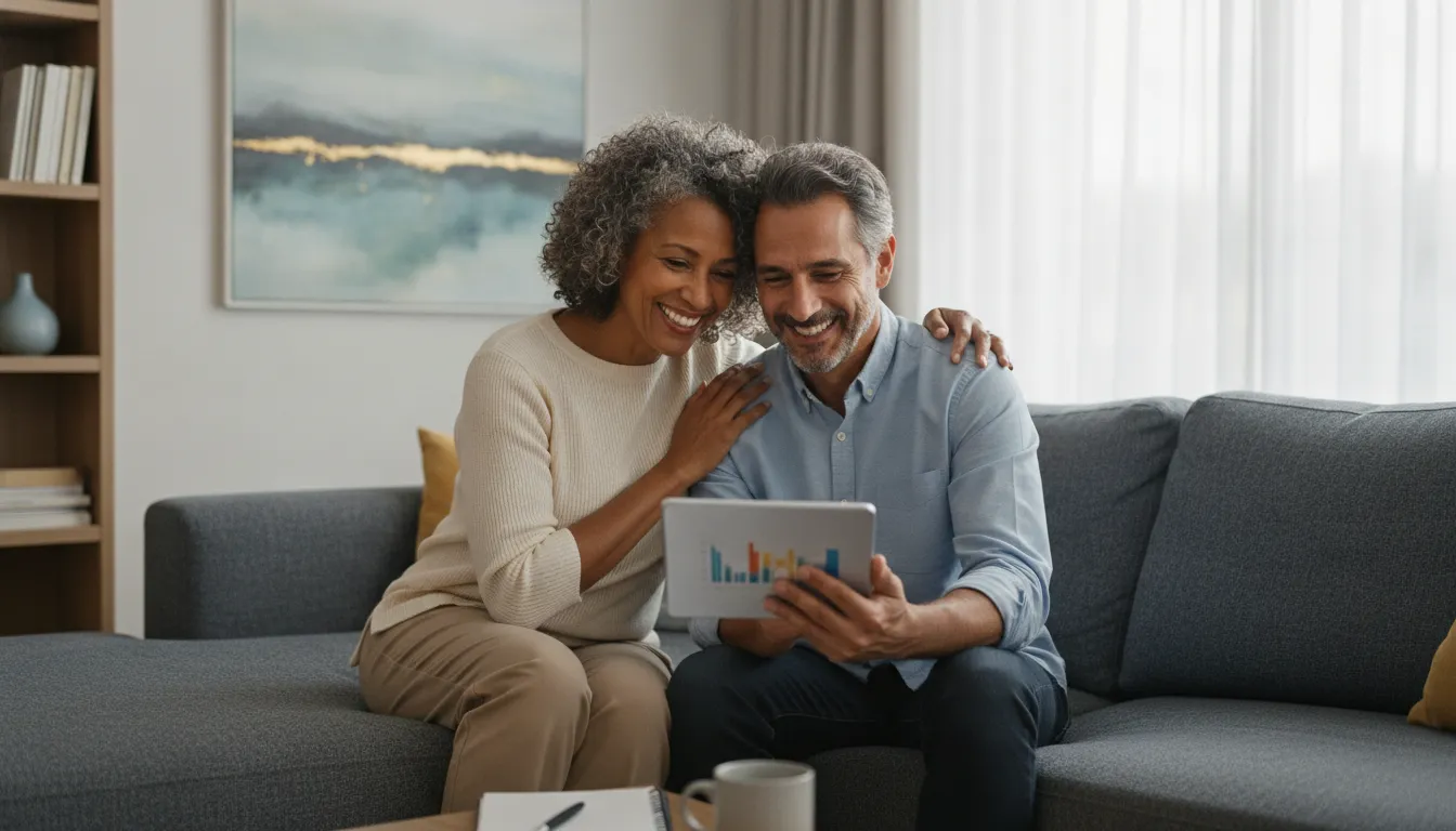 Casal celebra acesso ao crédito com bem financiado, planejando futuro com segurança e confiança.