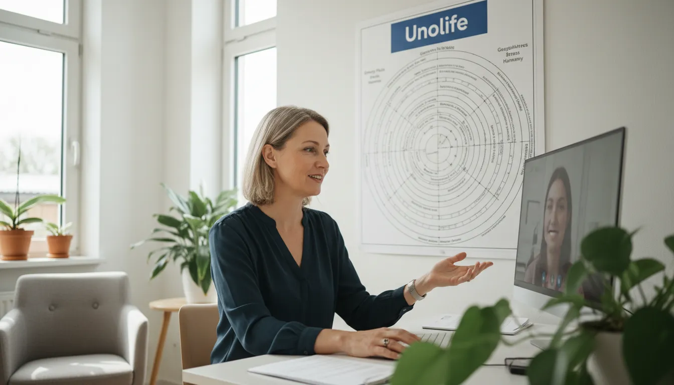 Terapeuta da Unolife conduz sessão de mesa radiônica online, explicando os princípios e benefícios para o cliente.