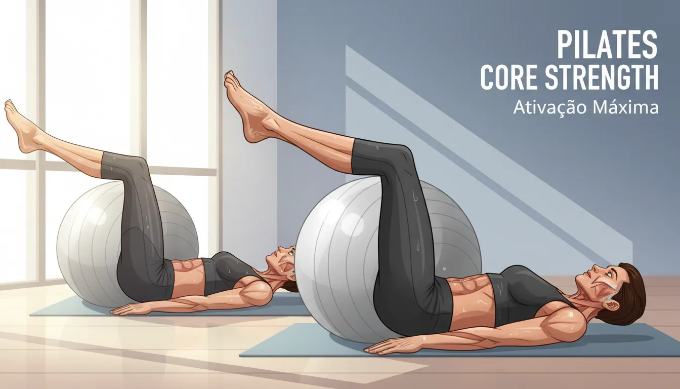 Exercício de pilates mostrando ativação intensa do core em estúdio bem iluminado.