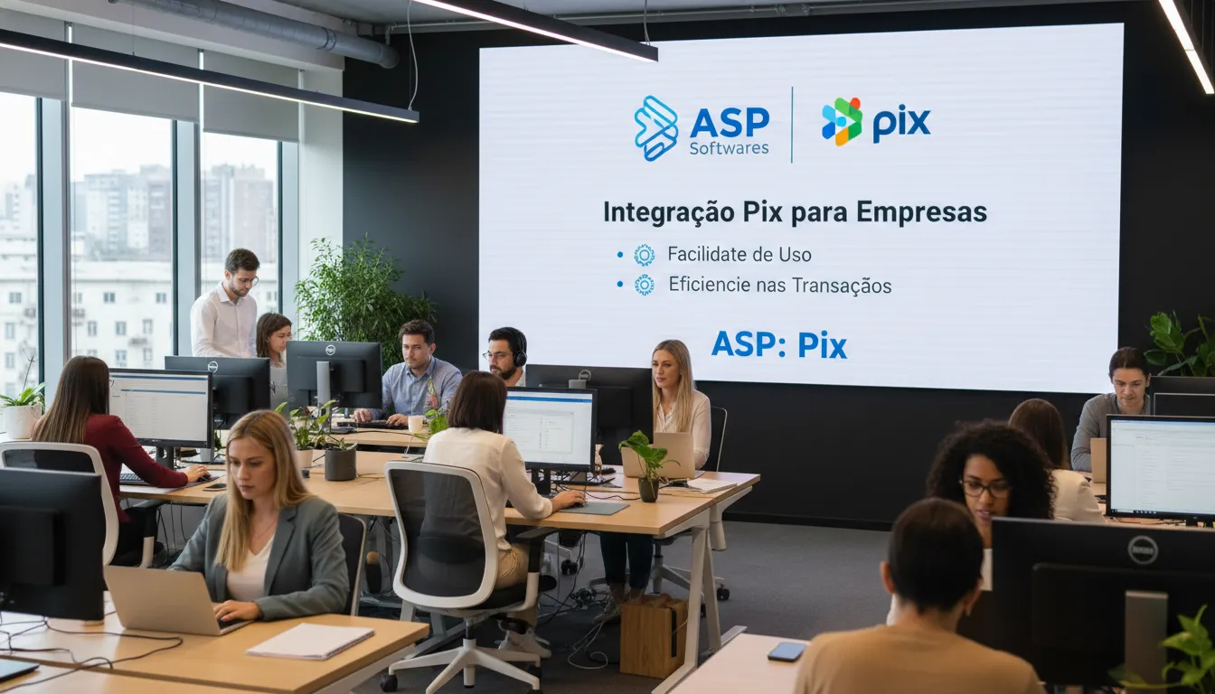 Profissionais em um escritório moderno colaborando, com a logo da ASP Softwares e informações sobre integração de pix para empresas.