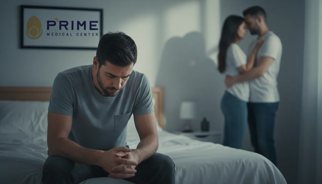 Homem preocupado sentado na cama, refletindo sobre possíveis problemas de curvatura peniana e seus impactos na relação.