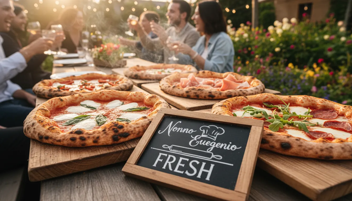 Pizzas napolitanas recém-assadas com bordas alveoladas, parte de um rodízio de pizza exclusivo para eventos.