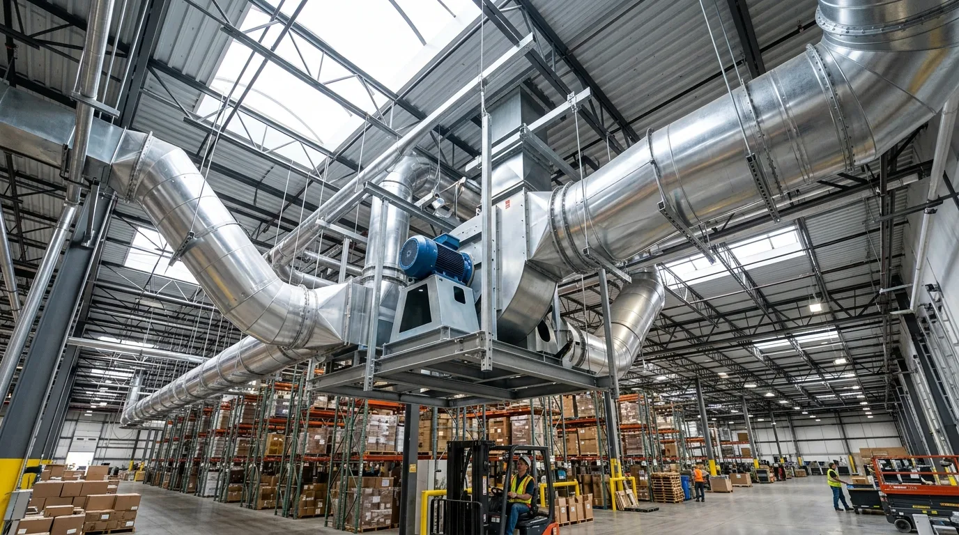 Sistema completo montado após aprender como instalar exaustor industrial na empresa.