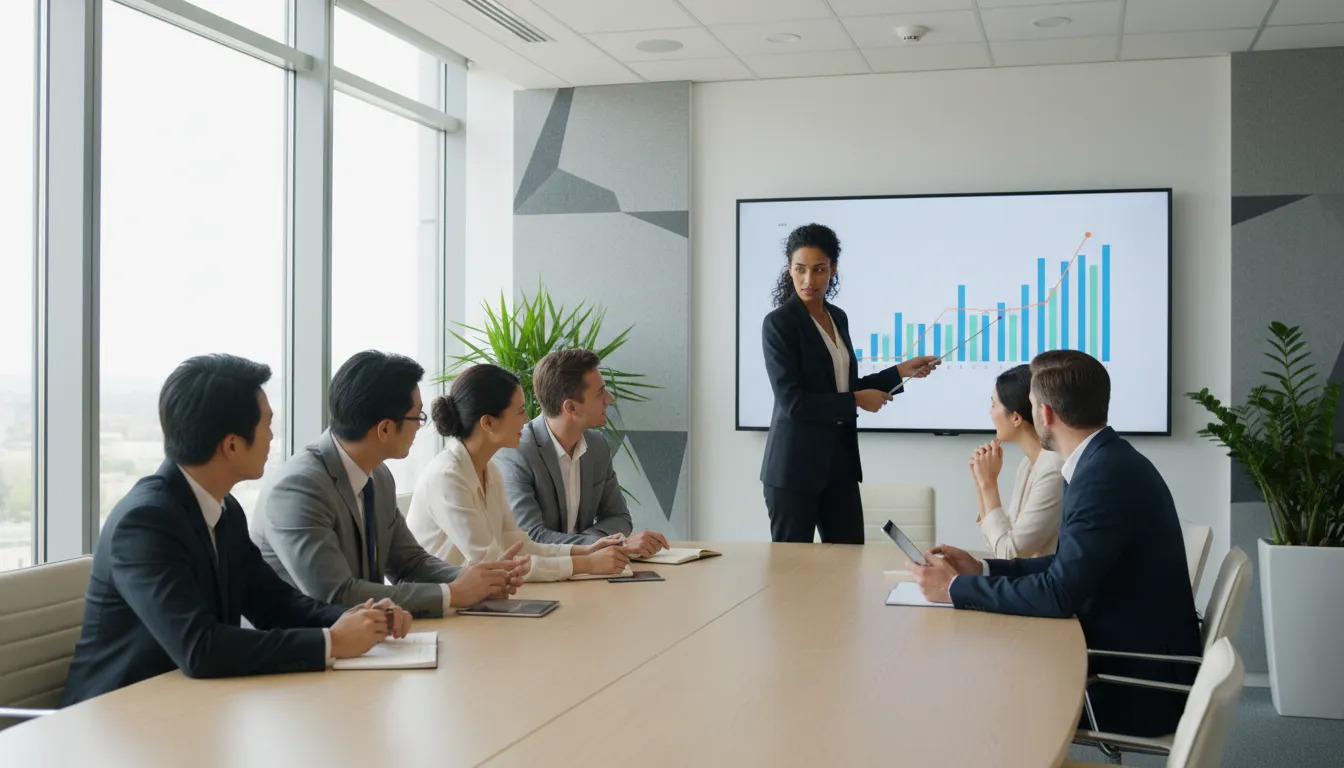 Profissionais diversos reunidos em uma sala de conferência, analisando dados de despesas corporativas apresentados em uma tela grande, promovendo decisões estratégicas e transparentes.