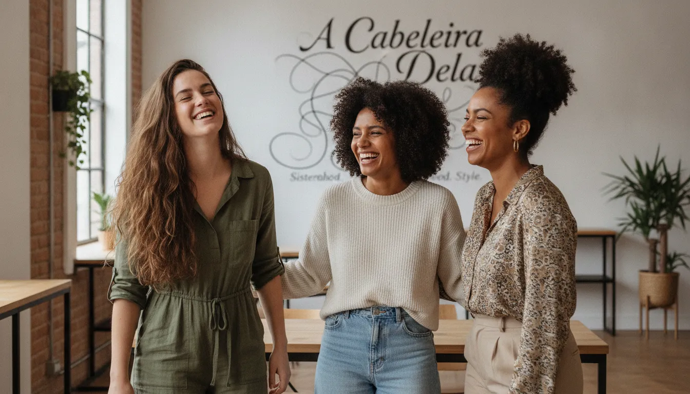 Grupo de mulheres diversas com cabelo natural ondulado, cacheado e crespo rindo juntas, celebrando suas texturas.