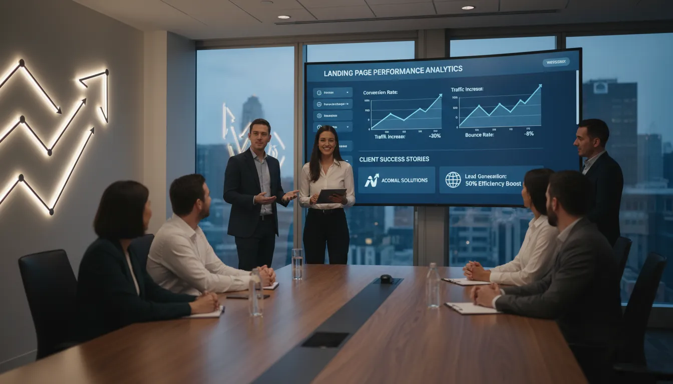 Landing Page para 2026: Template + Checklist de Conversão 3 Cena com agência web exibindo métricas de conversão e cases de sucesso de landing pages em tela ampla.