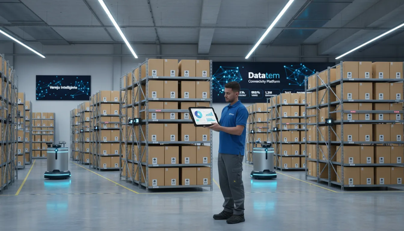 Gerenciamento de estoque em varejo inteligente com robôs AMRs, IoT e plataforma Datatem para otimização.