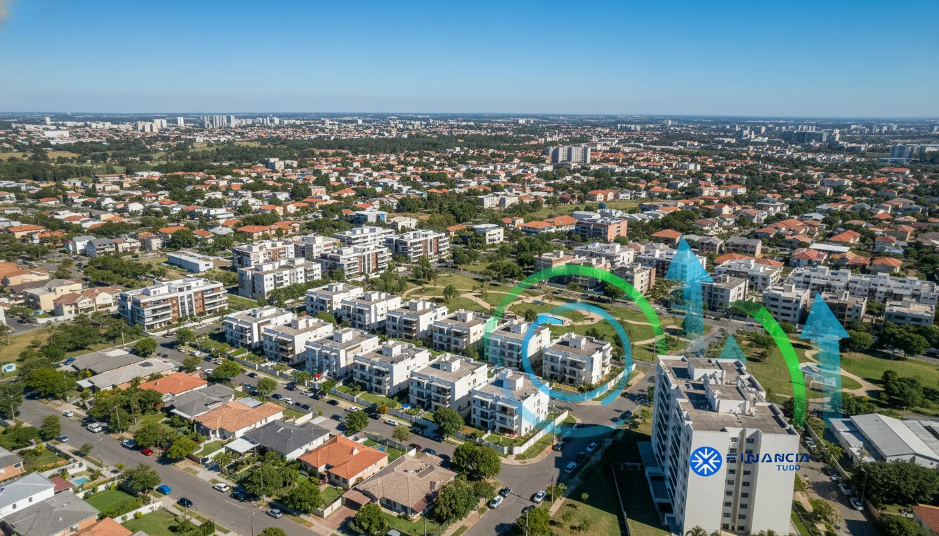 Visão aérea de imóveis diversos com potencial de refinanciamento para investir, com logo Financia Tudo.