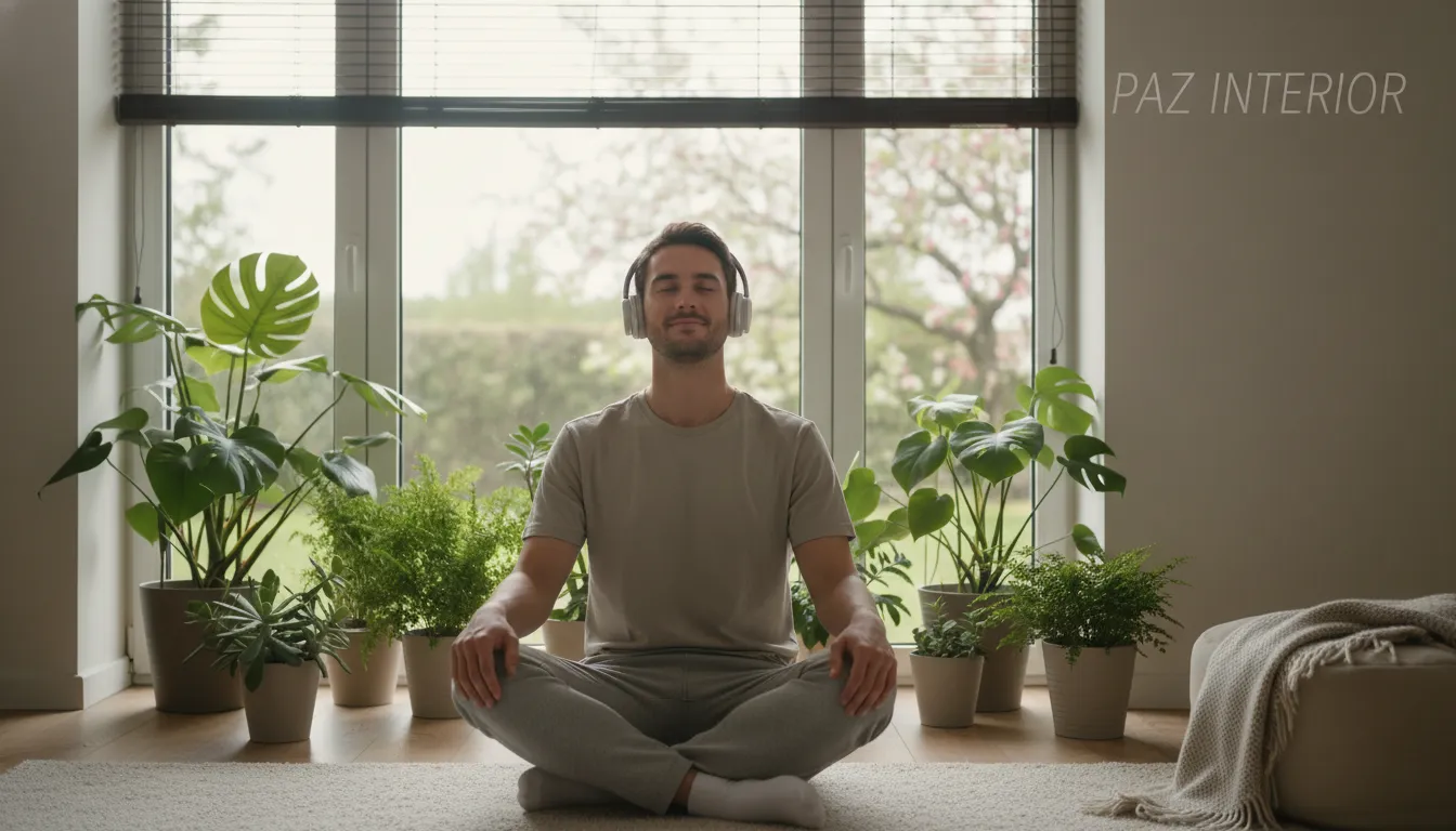 Jovem meditando com fones, rosto sereno, ambiente caseiro e natural, demonstrando redução de ansiedade