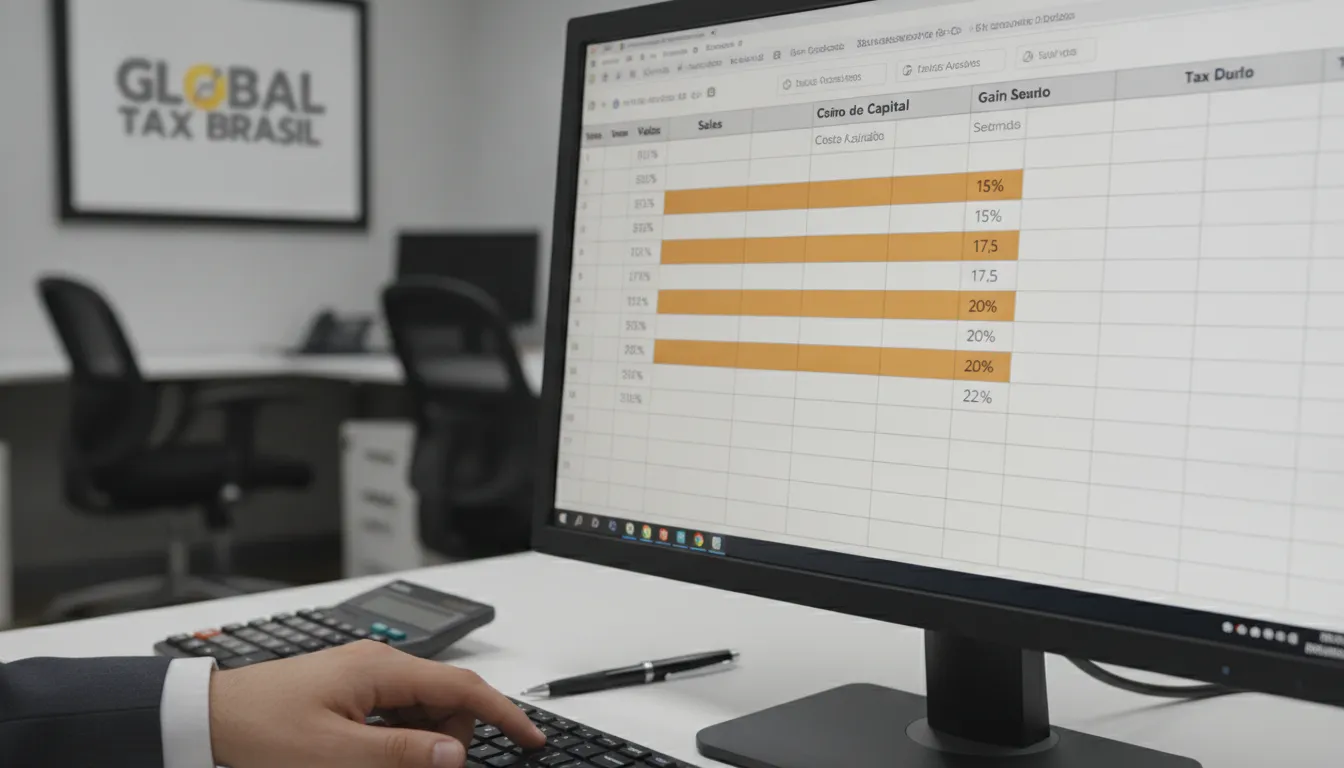 Planilha financeira detalhada calculando imposto de renda sobre ganho de capital e alíquotas progressivas.
