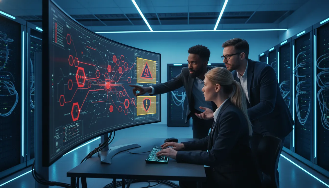 Equipe de TI em centro de dados combate ransomware, monitor exibe alertas de segurança, prevenindo ataques.