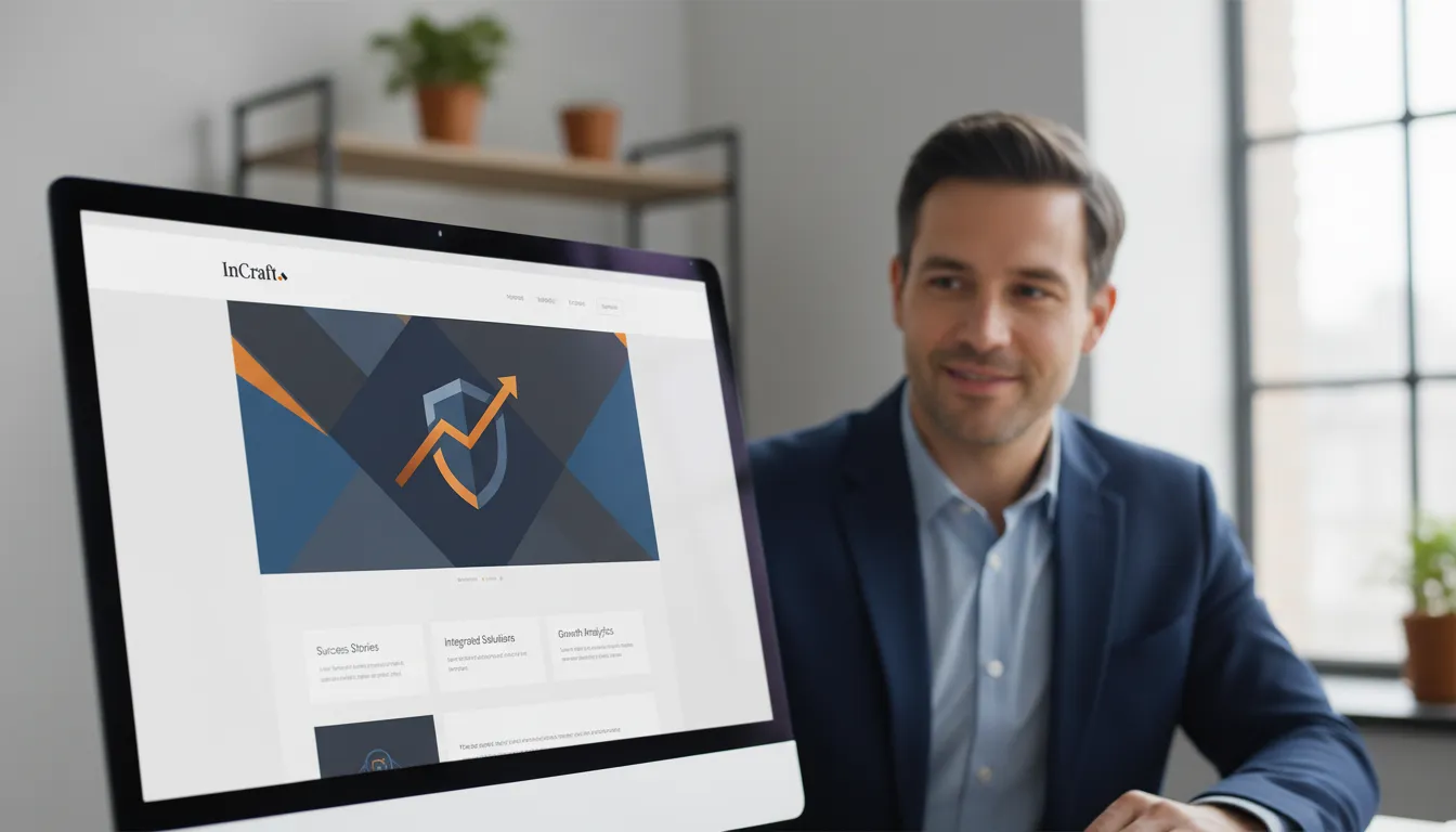 Site de alta performance e design sofisticado em monitor, com gestor satisfeito pelo suporte para site estratégico e resultados.