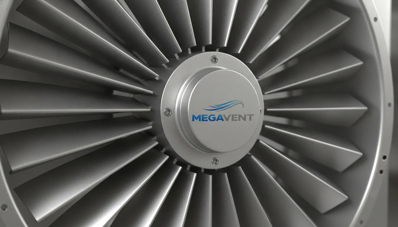 Detalhe interno de um ventilador centrífugo industrial MegaVent, mostrando as pás do rotor com engenharia de precisão.