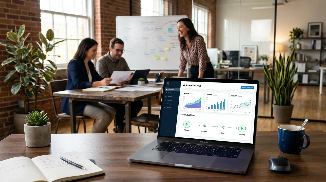 Notebook com painel de CRM, leads e automacao em escritorio colaborativo.