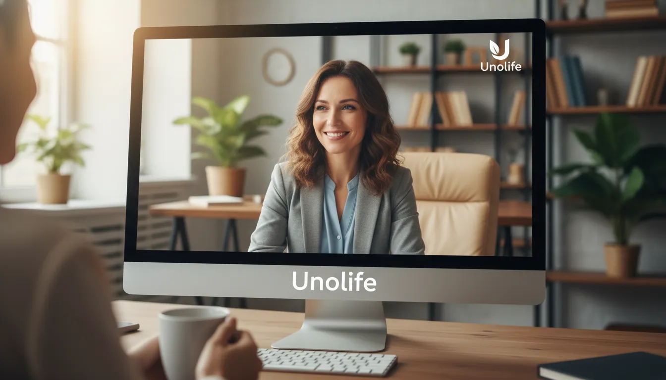 Uma pessoa relaxada em casa participa de uma sessão de terapia online através de seu laptop, destacando a conveniência e o conforto do acesso à saúde mental à distância.