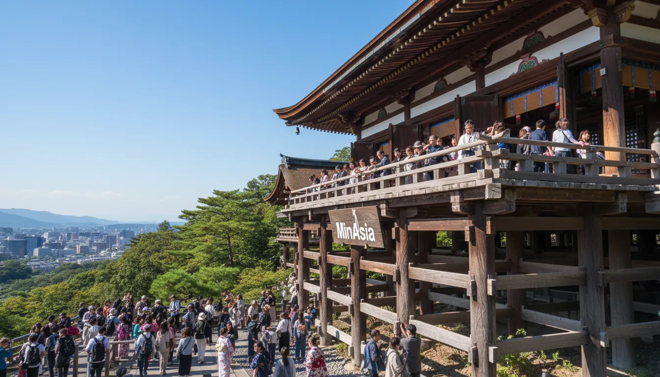 Vista panorâmica do Templo Kiyomizu-dera em Kyoto, Japão, com arquitetura de madeira vibrante.
