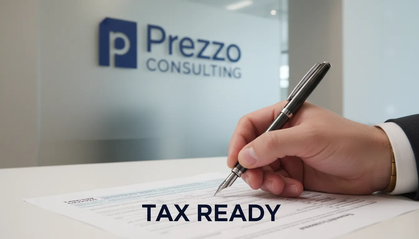 A confident hand signing a tax form, symbolizing the peace of mind offered by professional bookkeeping for small business with Prezzo Consulting's expertise.
