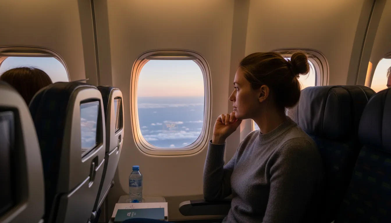 Interior fotorrealista de um avião moderno em voos lisboa sao paulo, com um passageiro olhando para o Oceano Atlântico.