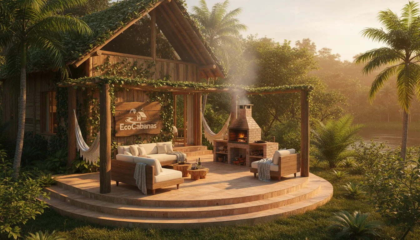 Visão ampla de uma Eco Cabana com uma churrasqueira de alvenaria, perfeita para desfrutar da natureza com conforto.