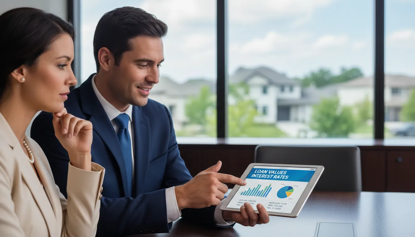 Assessor bancário mostra dados de empréstimo, taxas e valores em tablet a cliente, com imóvel ao fundo.