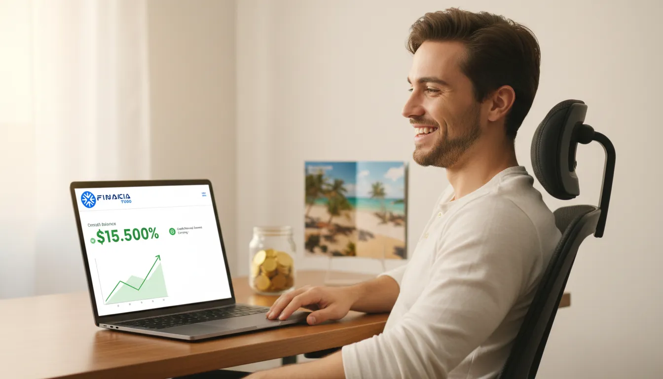Jovem satisfeito com o sucesso, acompanhando seus ganhos na tela do notebook, reforçando a ideia de ganhar dinheiro indicando crédito.