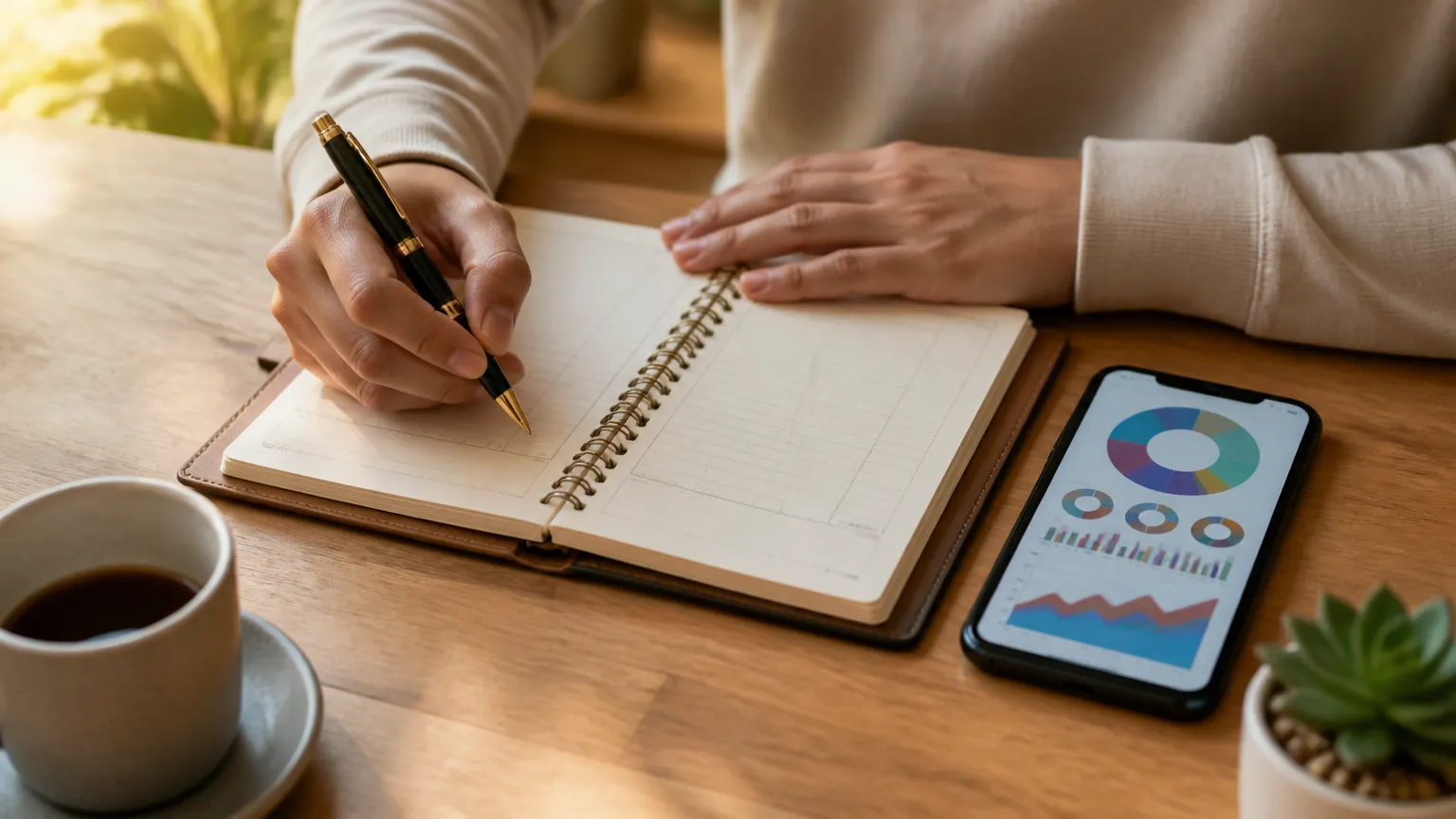 Planejamento em caderno mostrando como organizar as finanças antes de fazer uma dívida e assumir parcelas.