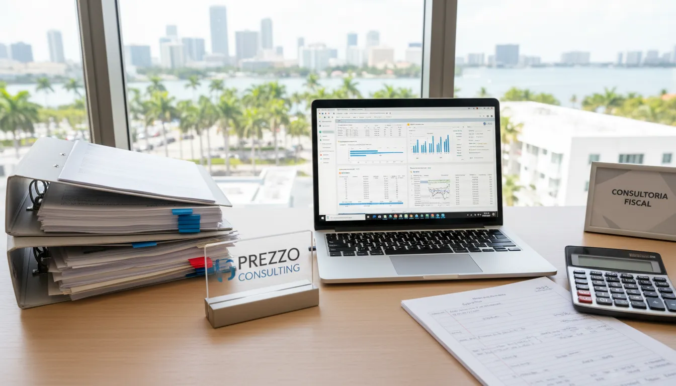 Mesa organizada em um Escritório de Contabilidade em Miami para Brasileiros, simbolizando a eficiência da consultoria fiscal da Prezzo Consulting.