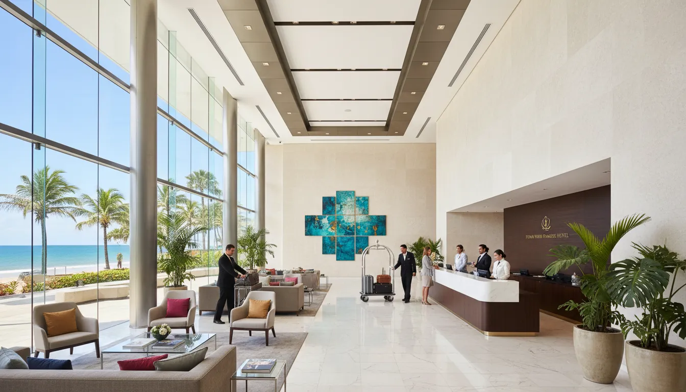 Lobby de hotel luxuoso em Ponta Verde, demonstrando opções de onde ficar em Maceió com conforto e sofisticação.