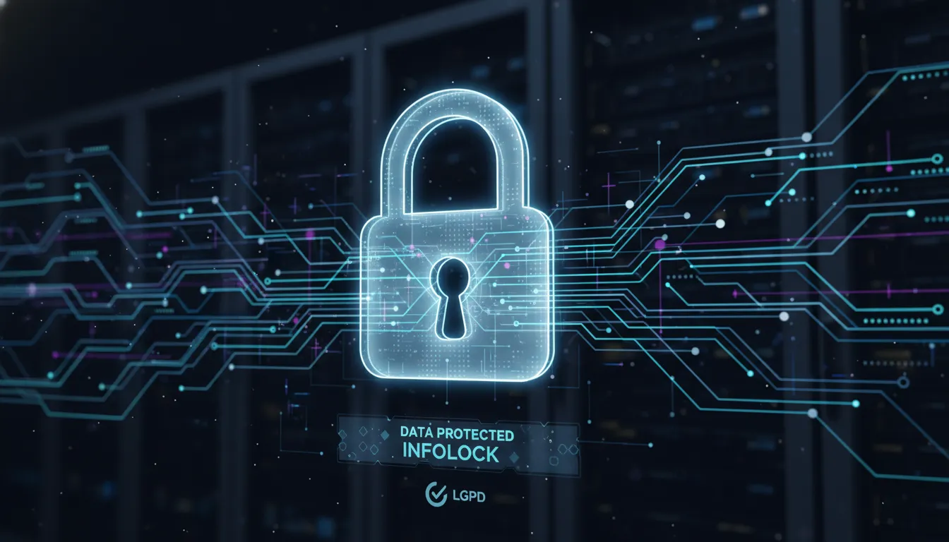Ícone de cadeado digital protege fluxo de dados, simbolizando segurança e consentimento LGPD eficaz.