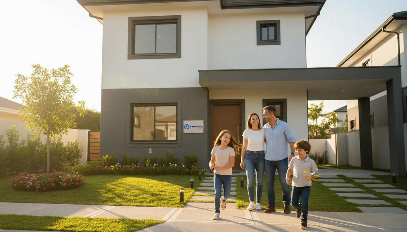 Família feliz em frente à casa reformada, resultado de um bom prazo crédito com garantia com planejamento.