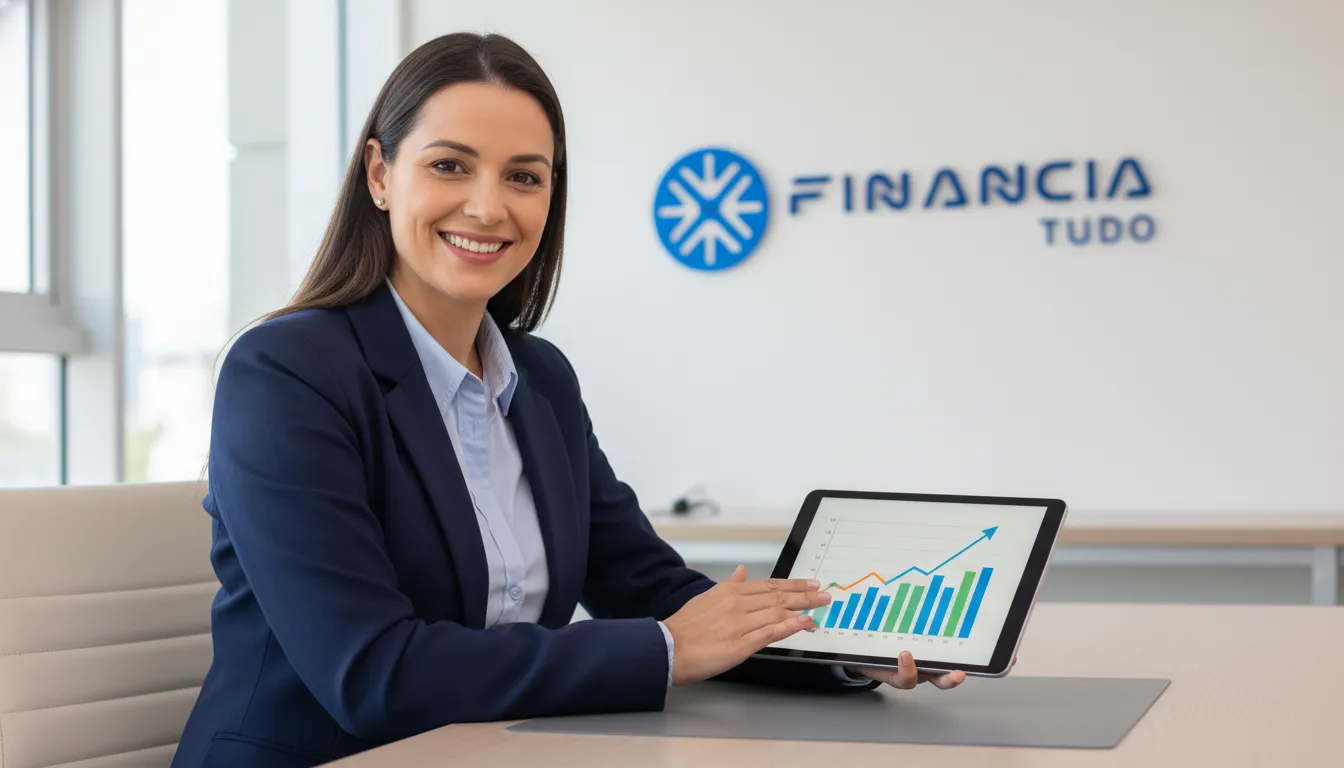 Consultor financeiro da Financia Tudo explicando as vantagens do refinanciamento de caminhão para fluxo de caixa, mostrando gráficos de crescimento em um tablet.