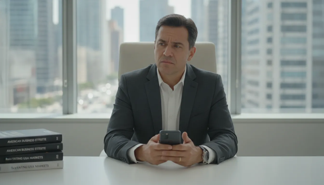 Empreendedor brasileiro isolado em escritório, enfrentando barreiras culturais e erros de brasileiros que abrem empresa nos EUA.