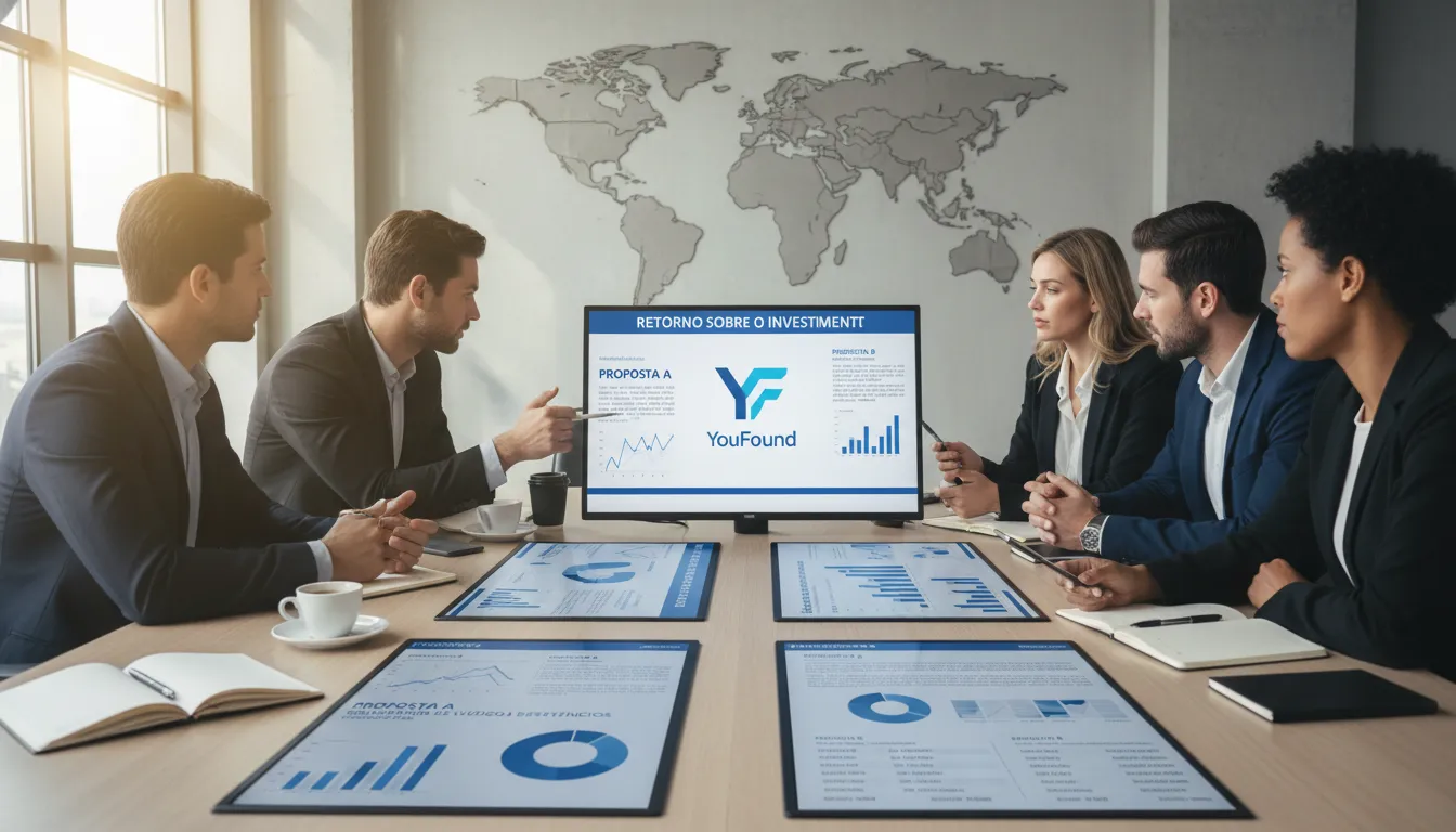 Equipe comparando orçamentos de vídeo empresarial, focando em estratégia e ROI para tomar decisões informadas.