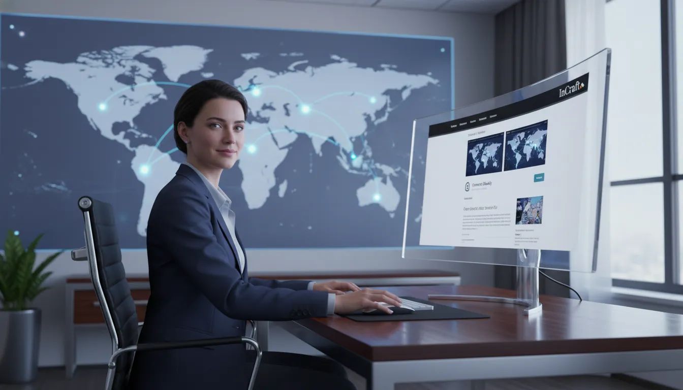 Usuário acessando conteúdo globalmente em um monitor futurista, destacando a capacidade de um web site proxy em fornecer acesso irrestrito.