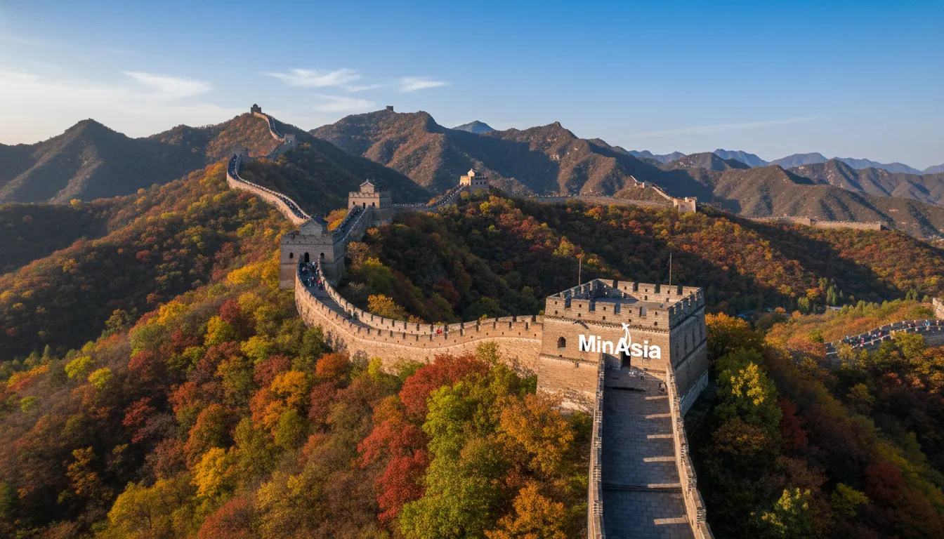 Vista panorâmica da Grande Muralha da China, perto de Pequim, em Mutianyu, com montanhas coloridas no outono.