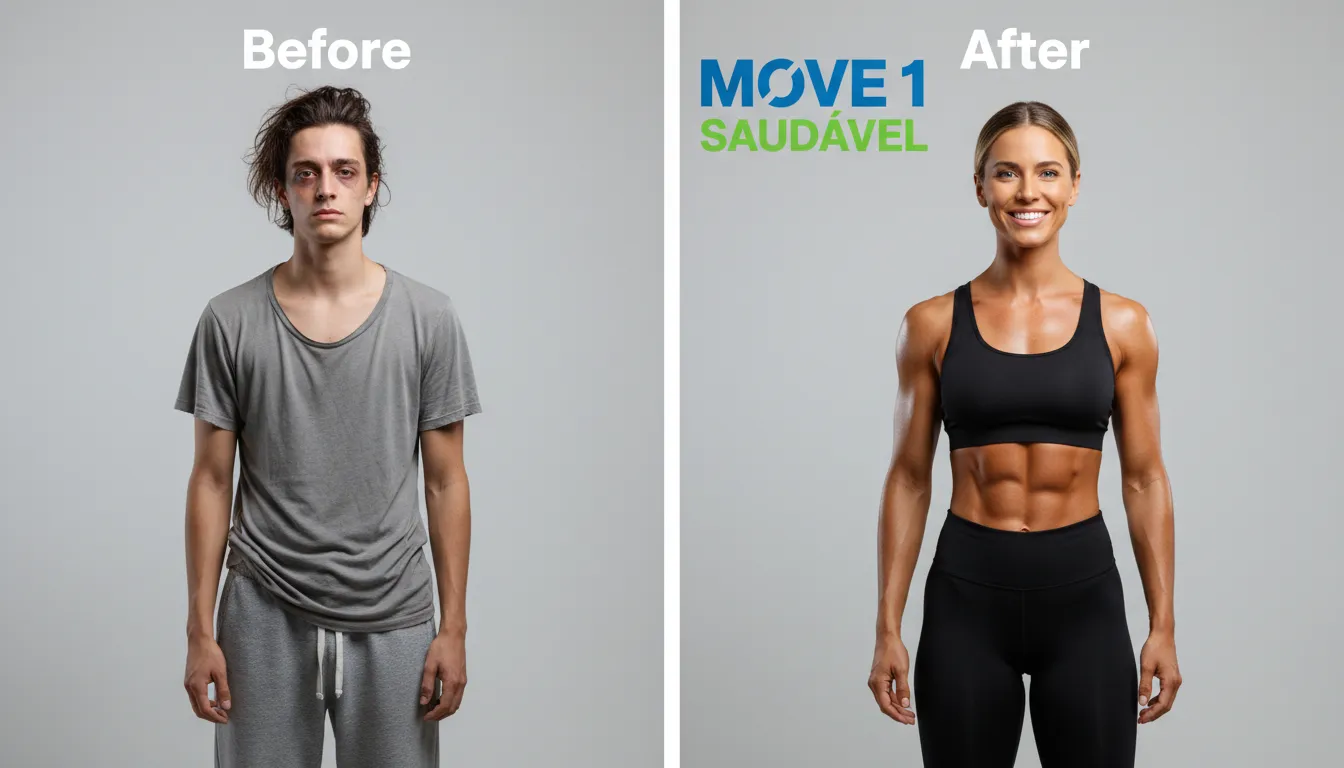 Comparativo 'Antes e Depois' de uma pessoa transformando sua saúde com exercícios, mostrando a importância de quantos dias treinar por semana para o emagrecimento.