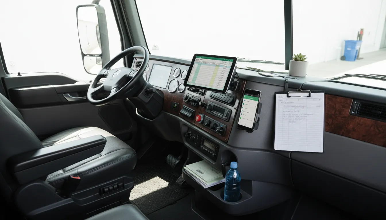 Cabine de caminhão bem organizada com planilha de gastos e tablet, reforçando controle financeiro profissional.